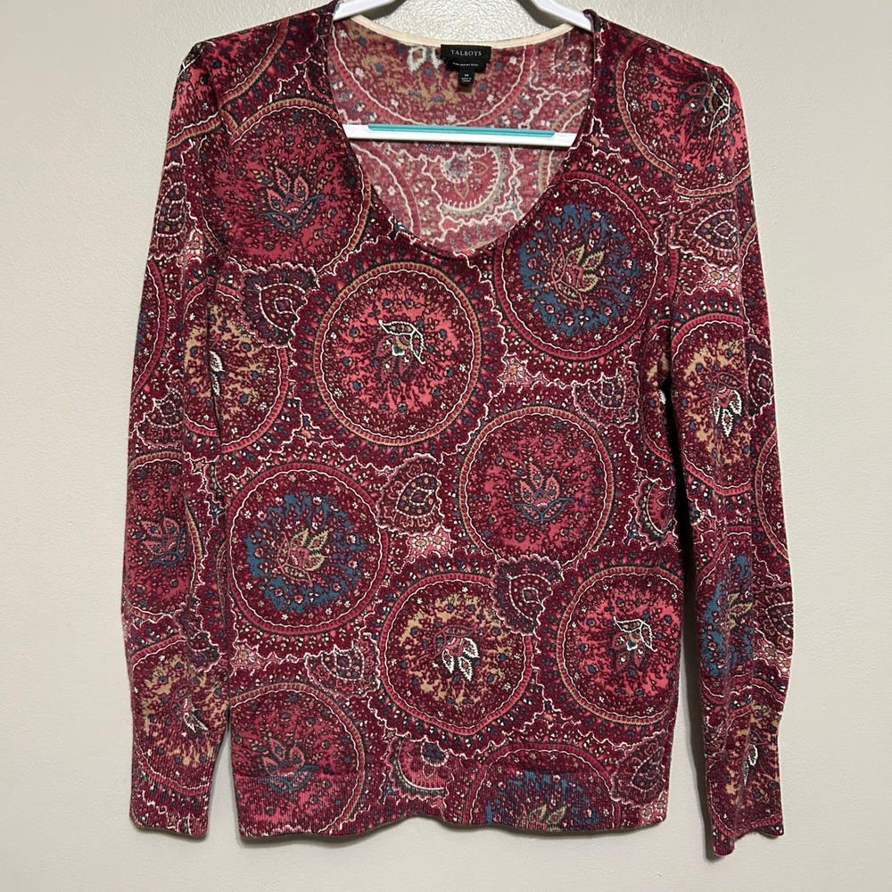 Talbots Merino Wool Sweater Womens M Red Paisley Medallion Scoop Neck Boho Knit